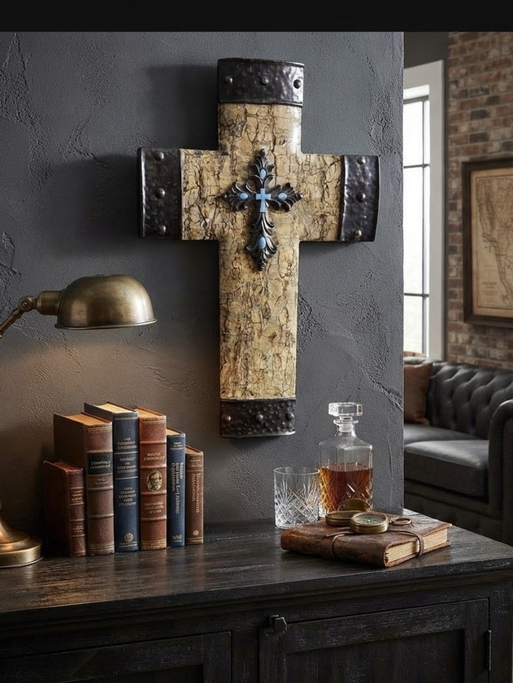 Rustic Southwestern style faux wood and hammered iron wall cross